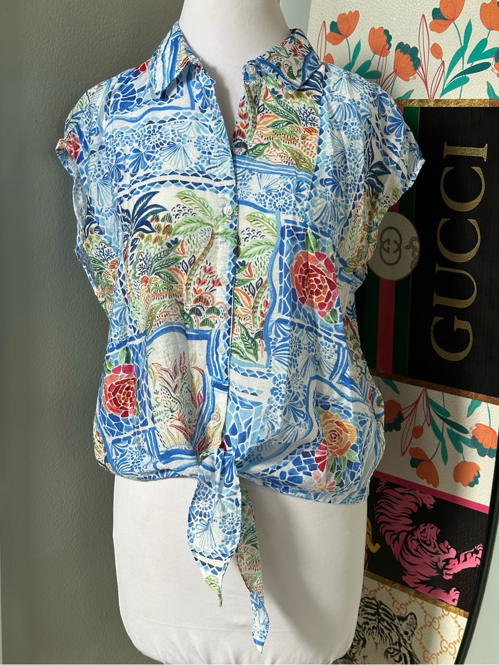 Tamara H. Ocean View Print Tie-Front Button Top Sea Turtle Tropical Island Sz L